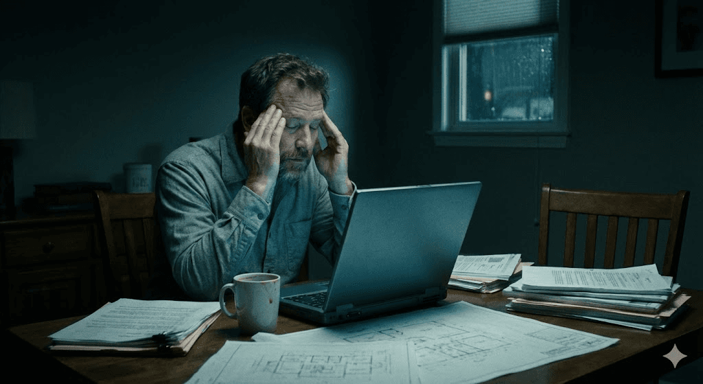 Stressed inspector writing reports at night